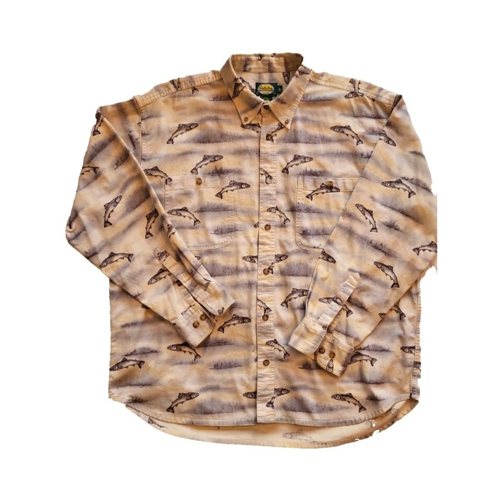 Vintage Cabelas Outdoor Gear Fishing Trout Print Corduroy Shirt Mens XL Tan